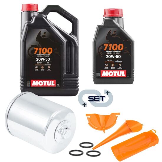 Motul 7100 4T 20W50 5L eļļa ar K&N® premium eļļas filtru (hromēts) un piltuvju komplektu